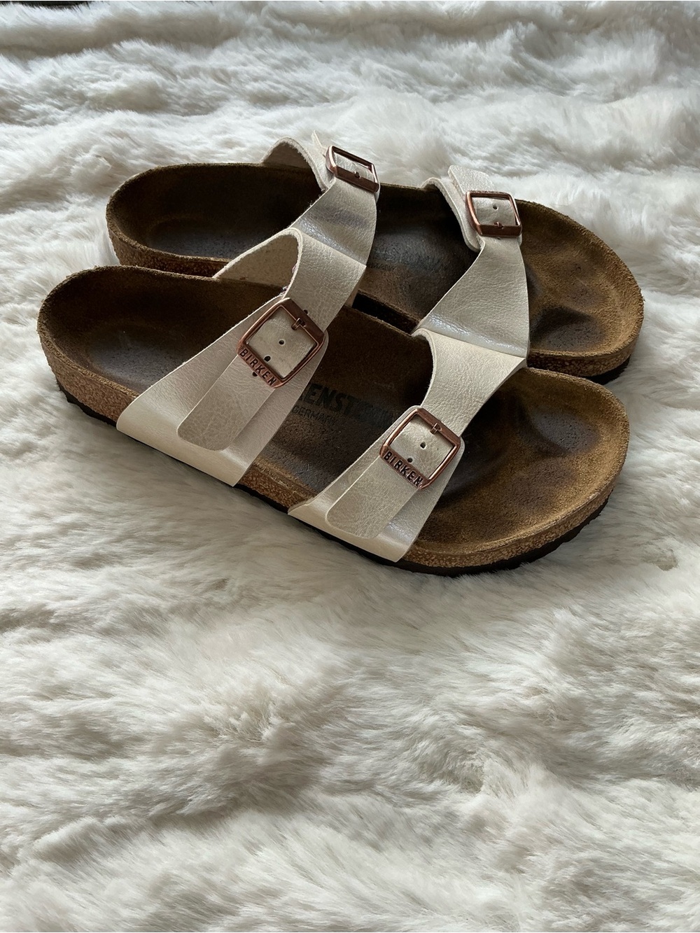 Birkenstock women Metallic White Two-Strap Sandals